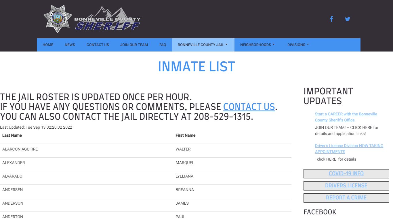 Inmate List | Bonneville County Sheriff's Office